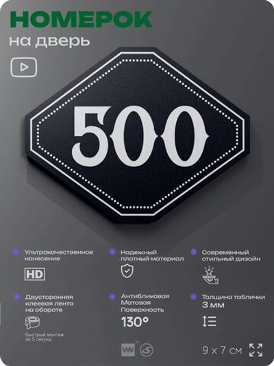 Номерок на дверь квартиры 500, для кабинета, офиса, шильдик 9 х 7 см, черный, Айдентика Технолоджи