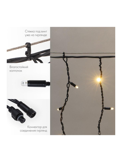 Гирлянда светодиодная "Айсикл" (бахрома) 4х0.6м 128LED тепл. бел. 10Вт 230В IP67 провод каучук черн. (нужен шнур питания 315-000) Neon-Night 255-226