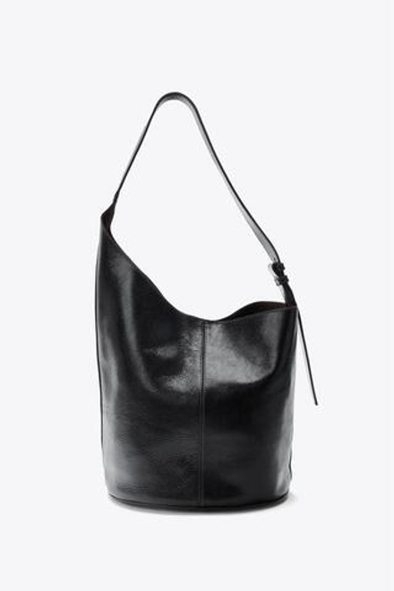 ZARA АСИММЕТРИЧНАЯ КОЖАНАЯ СУМКА-МЕШОК, ЧЕРНЫЙ