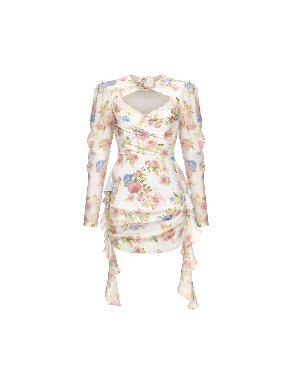 Мэйси мини (Macy mini), платье мини из молочного крепдешина с цветочным принтом