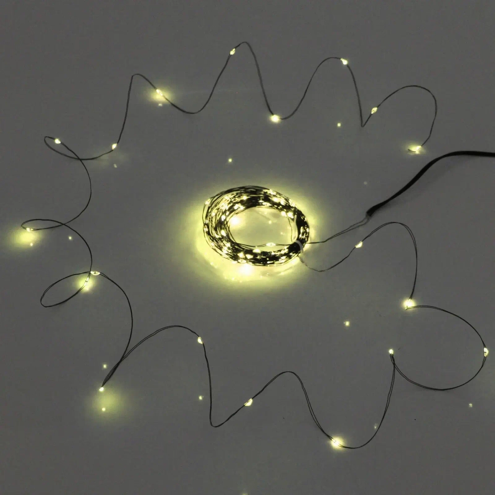 Гирлянда для улицы «Росинка» 10 м 100 ламп LED проволочн.пров. зелен., 8 реж.,IP-54, Теплый белый (солнечная батарея)