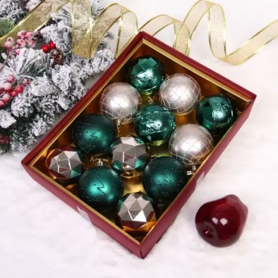 Новогодние шары «Волшебный вальс» 8 см (набор 12 шт), Изумруд/Шампань