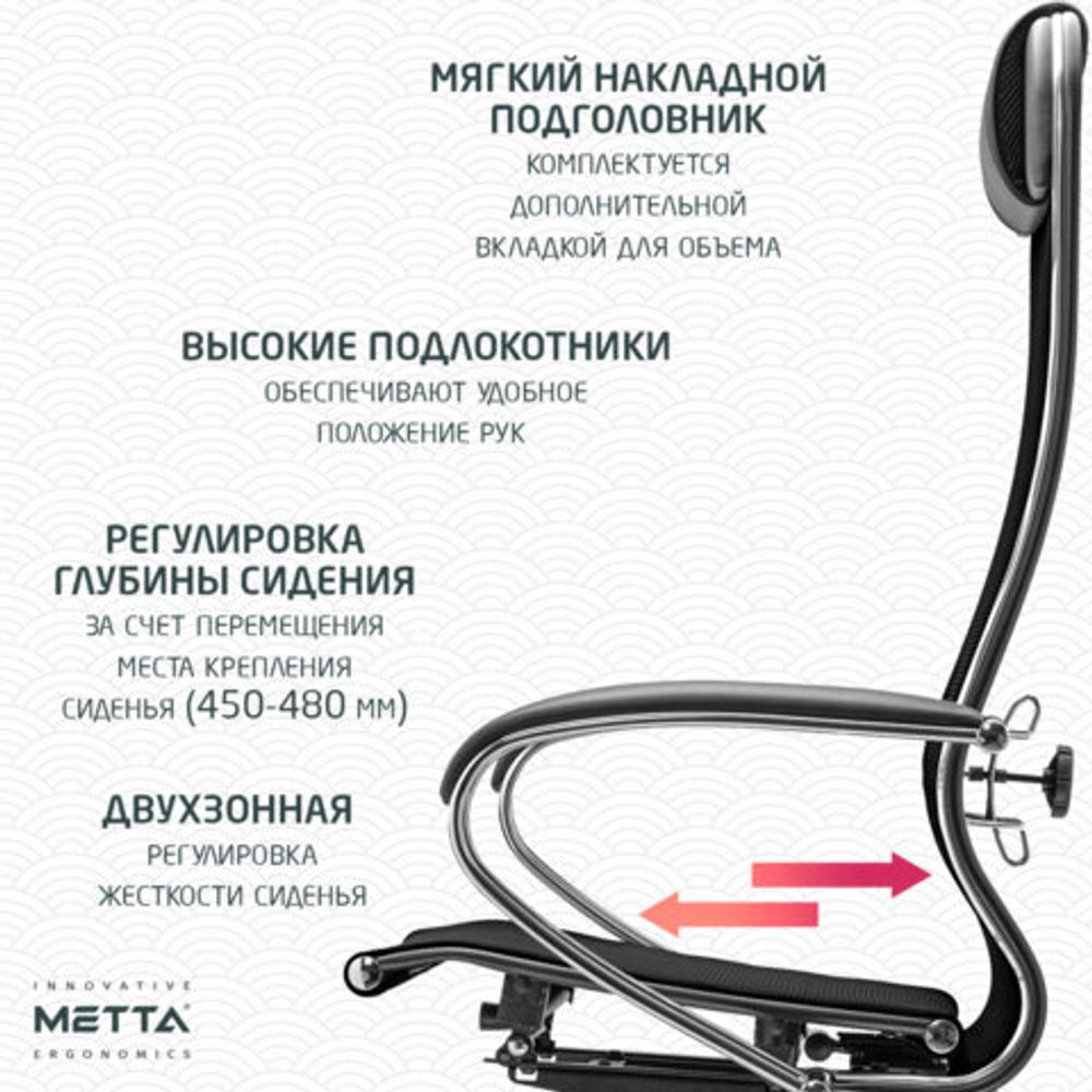 Кресло офисное МЕТТА "К-12", хром, ткань-сетка, сиденье и спинка регулируемые, черное