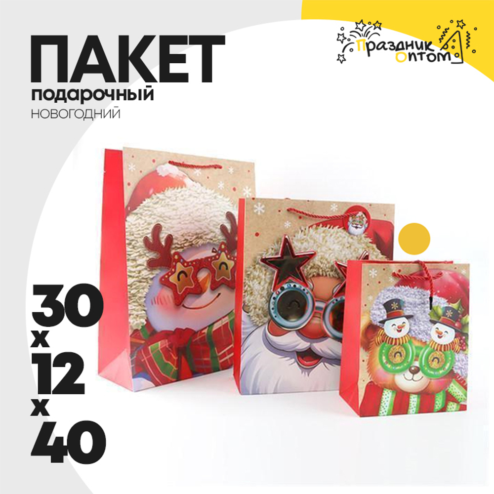 пакет 30 х 40 х 12 подарочный мишка новогодний (красный)