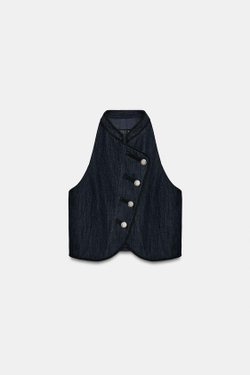 ZARA ЖИЛЕТ ХАЛТЕР С КОНТРАСТНОЙ ОТДЕЛКОЙ, ИНДИГО
