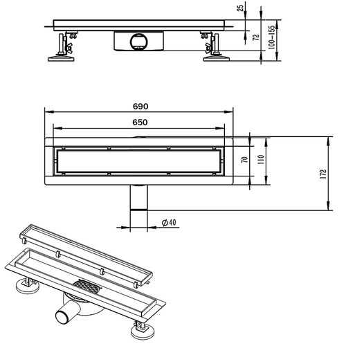 Душевой лоток AZARIO 650 мм, D40(50), решетка из нержавеющей стали "под плитку", металлический желоб, поворот 360°, комбинированный затвор (AZT3TILE650)