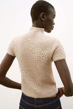 ZARA ТРИКОТАЖНЫЙ ТОП С ЖАТЫМ ЭФФЕКТОМ И БУСИНАМИ, ТЕЛЕСНО-РОЗОВЫЙ