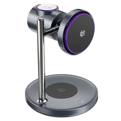 Беспроводное зарядное устройство Wiwu Qi2 3-в-1 с док-станцией Magic Cube с автоматическим вращением 25W, Grey (Wi-W041)