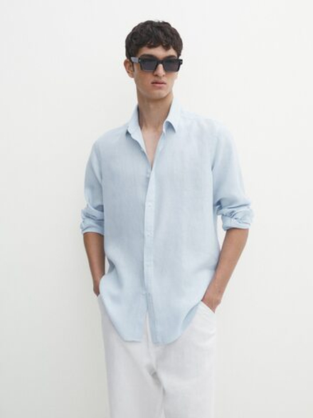 Massimo Dutti 100% льняная приталенная рубашка,  небесно-голубой