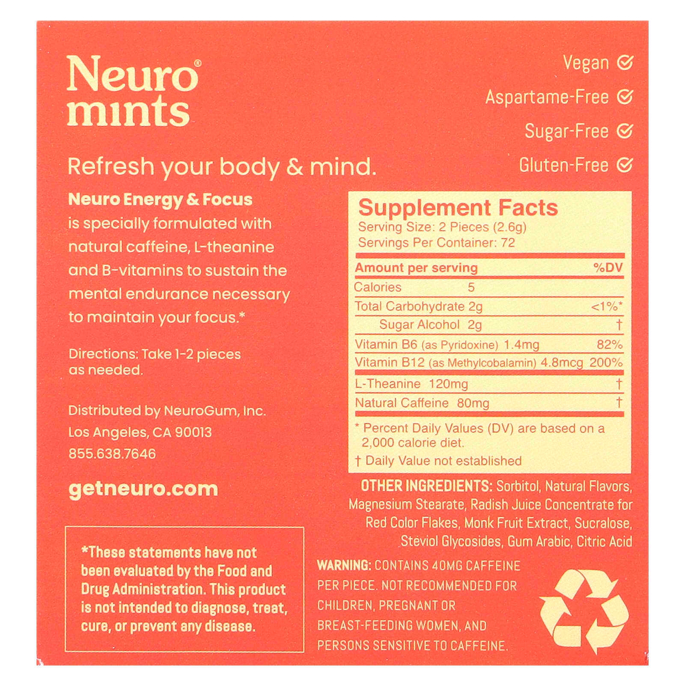 NeuroGum, NeuroMints, энергия и концентрация, корица, 12 пакетиков по 12 шт.