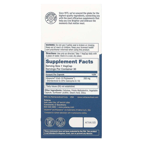 Solaray, Фитосомы COQ-10, 200 мг, 30 вегетарианских капсул