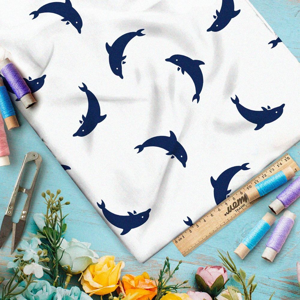 Ткань премиум интерлок синие дельфины на белом