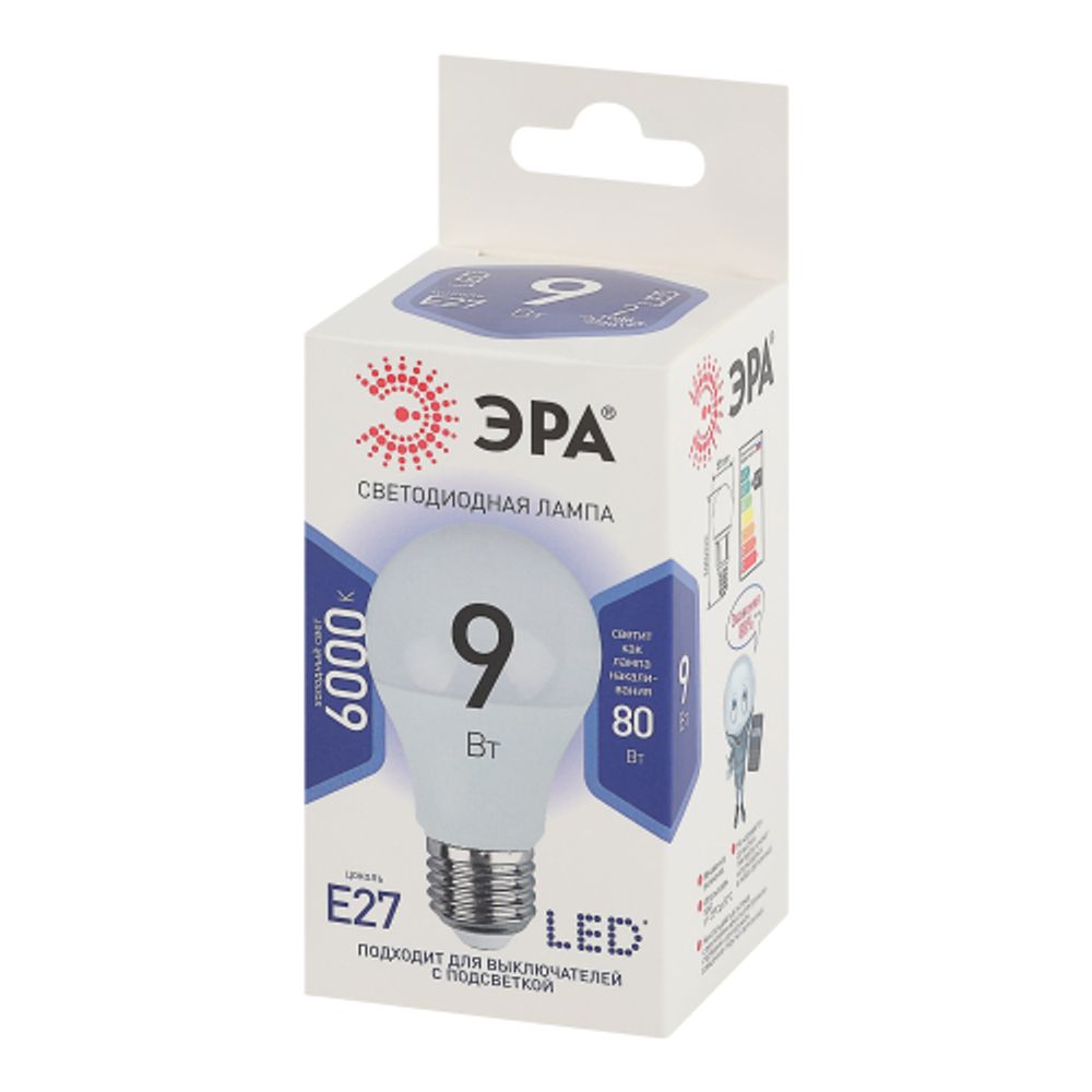 Лампа светодиодная ЭРА STD LED A60-9W-860-E27 9Вт груша холодный дневной свет Е27 | Лампы cветодиодные Груша (A)