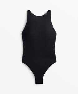 OYSHO Купальник с вырезом халтер и перекрестными бретелями сзади, черный