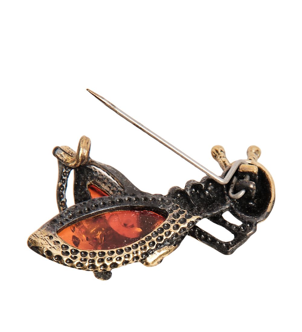 AM-1635 Брошь «Кузнечик» (латунь, янтарь)
