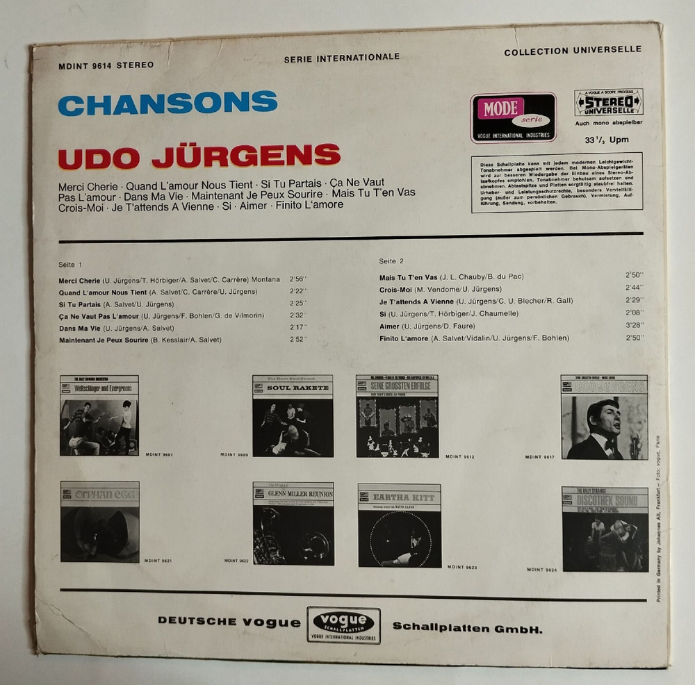 Винтажная виниловая пластинка LP Udo Jurgens Chansons (Germany 1967)