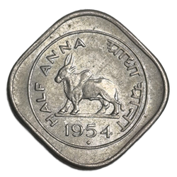 Монета 1/2 анны (anna) 1954 год "Зебу" Индия