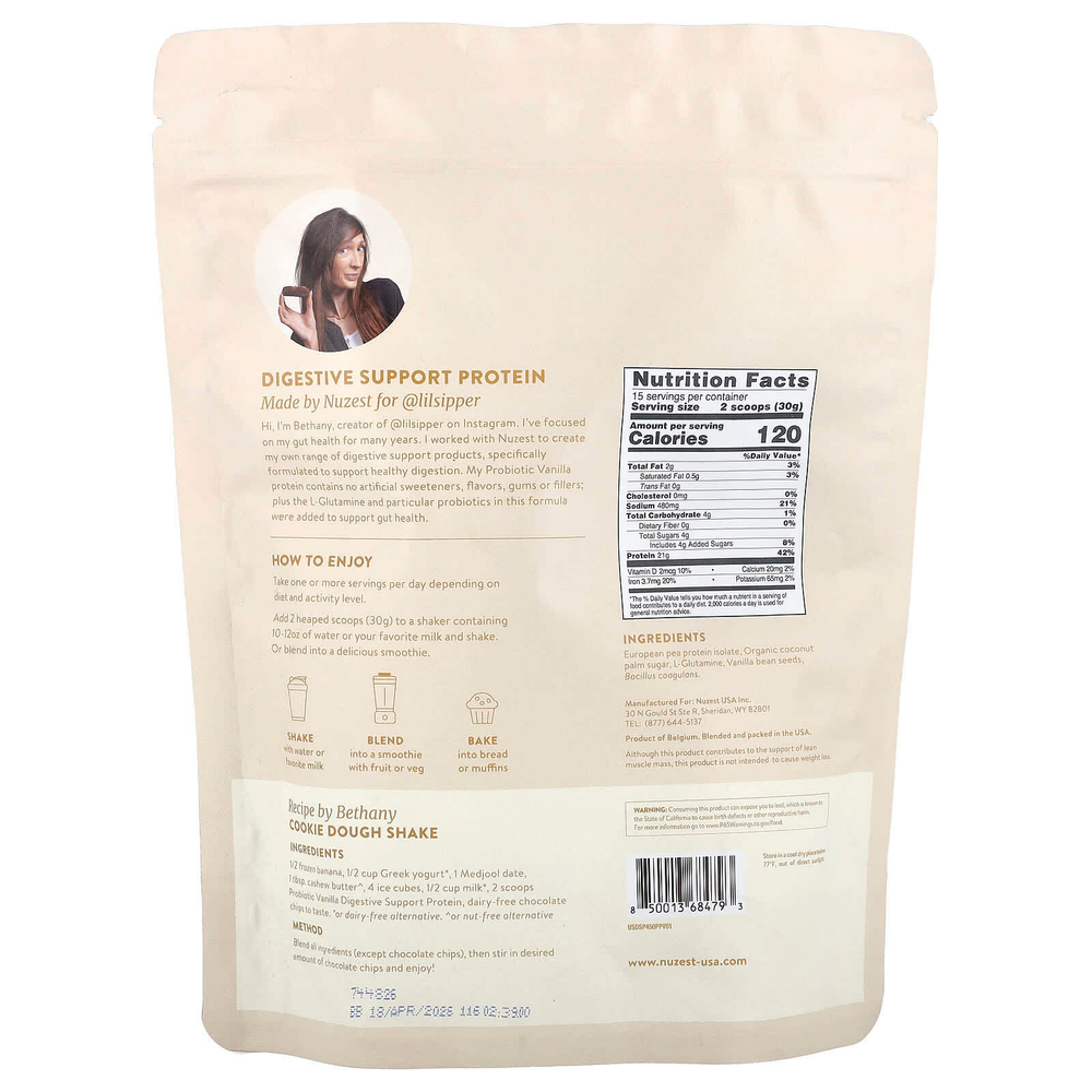 Nuzest, Digestive Support Protein ™, смесь для приготовления растительного протеина, пробиотик и ваниль, 450 г (15,87 унции)
