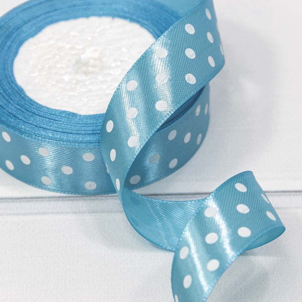 Лента Атласная 2,5см х 28м Сатин горох (Голубой)