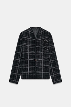 ZARA ТРИКОТАЖНЫЙ КАРДИГАН В КЛЕТКУ С ПОЯСОМ, СЕРЫЙ