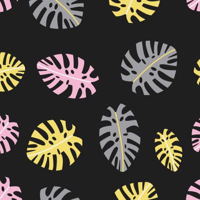 Листья монстеры в желто-серо-розовой гамме на черном