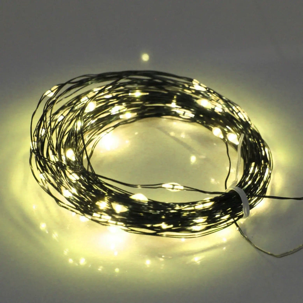 Гирлянда для улицы «Росинка» 10 м 100 ламп LED проволочн.пров. зелен., 8 реж.,IP-54, Теплый белый (солнечная батарея)