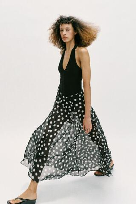 ZARA ПЛАТЬЕ В ГОРОШЕК КОМБИНИРОВАННОЕ, ЧЕРНЫЙ