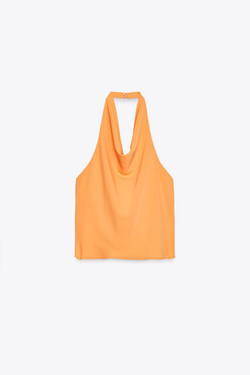 ZARA АТЛАСНЫЙ ТОП С ГОРЛОВИНОЙ ХАЛТЕР, ОРАНЖЕВЫЙ