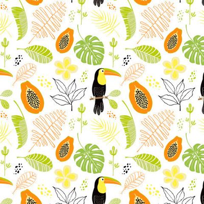 тропические листья и птицы на белом фоне