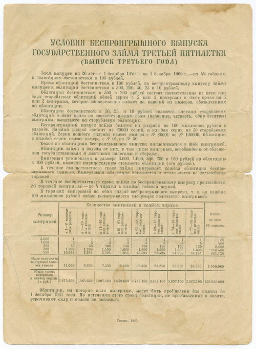 Облигация 100 рублей 1940 год. Заем 3-ей пятилетки. Серия № 91892. G