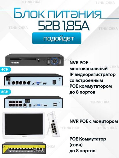 Блок питания 52V 1,85A, сетевой адаптер 52В 1,85А, универсальный, для видеорегистраторов с POE, коммутаторов POE. Штекер 5.5x2.5 мм.