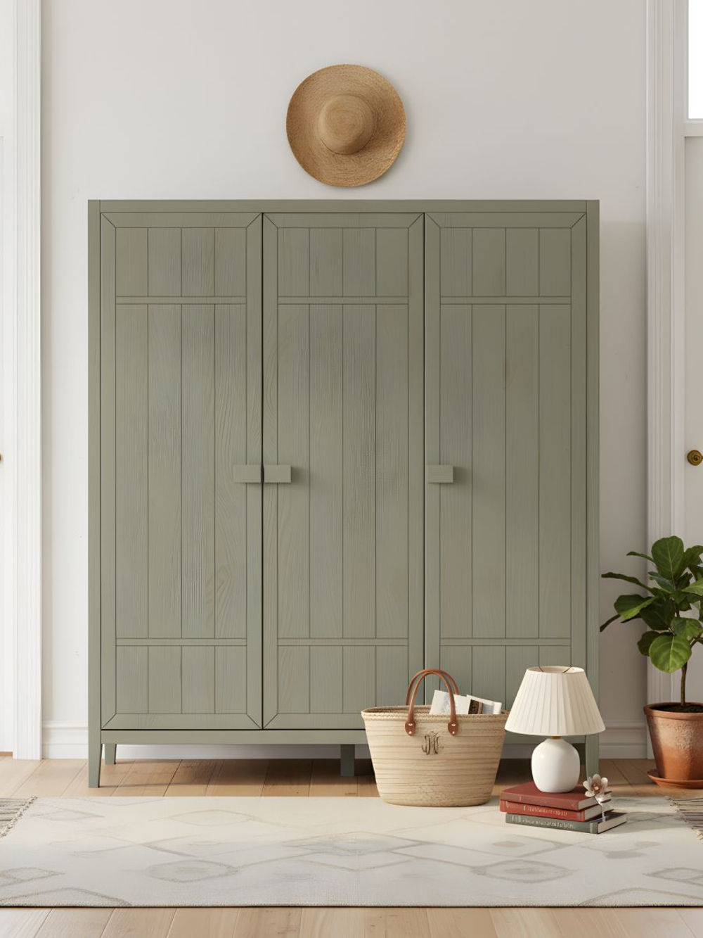 Шкаф 154х50х173, Карлос, распашной для одежды и вещей, массив сосны, 3 двери, со штангой и полками, в госинную, спальню, прихожую, зеленый эвкалипт, Dipriz