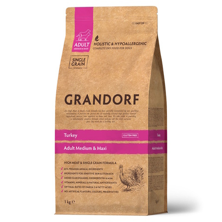 Корм сухой для собак GRANDORF ADULT ALL BREEDS TURKEY & BROWN RICE низкозерновой для взрослых собак всех пород с индейкой и коричневым рисом, 1кг