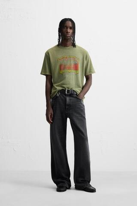 ZARA ТРИКОТАЖНАЯ ФУТБОЛКА С ПРИНТОМ, ЗЕЛЕНЫЙ