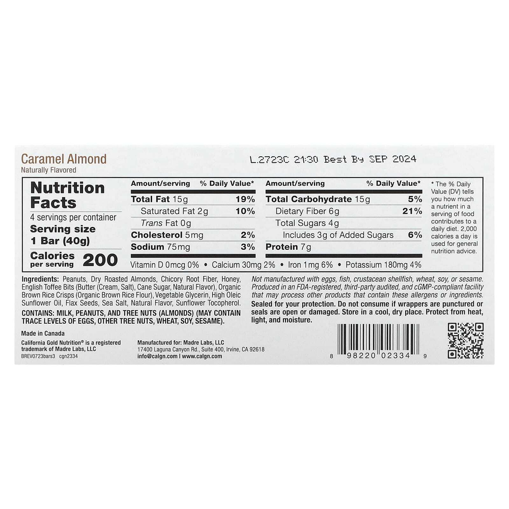 California Gold Nutrition, Foods, батончики-снеки, ассорти вкусов (кленовый сироп, карамель, арахисовая паста), 12 батончиков по 40 г (1,4 унции)