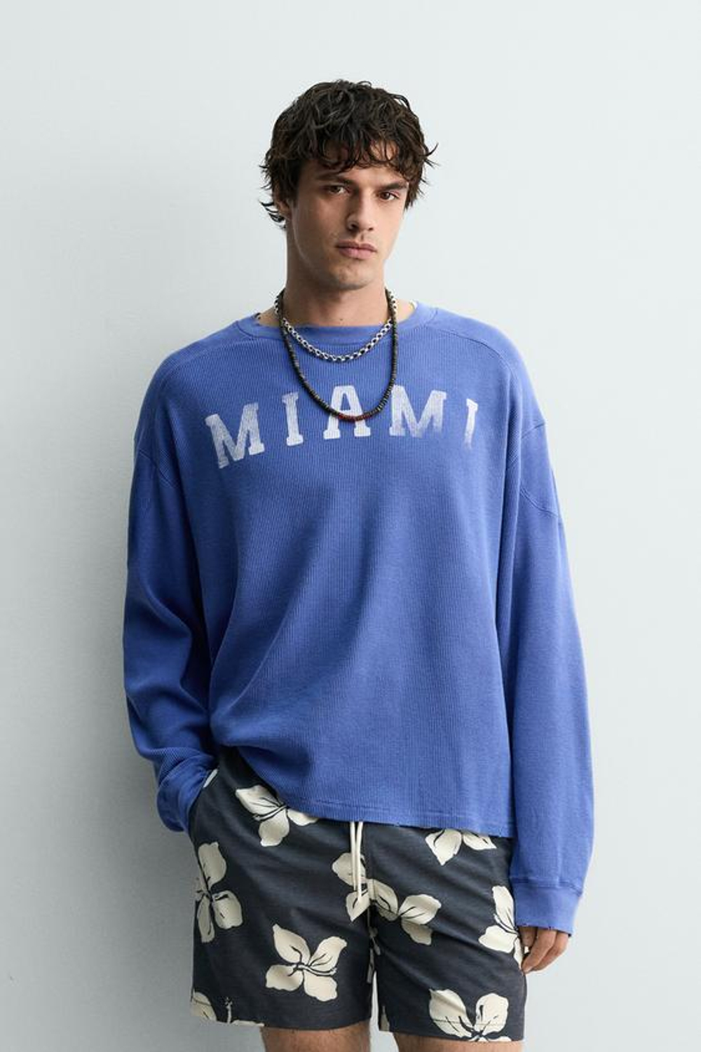 ZARA ФУТБОЛКА ВАФЕЛЬНОГО ПЕРЕПЛЕТЕНИЯ MIAMI, СИНИЙ