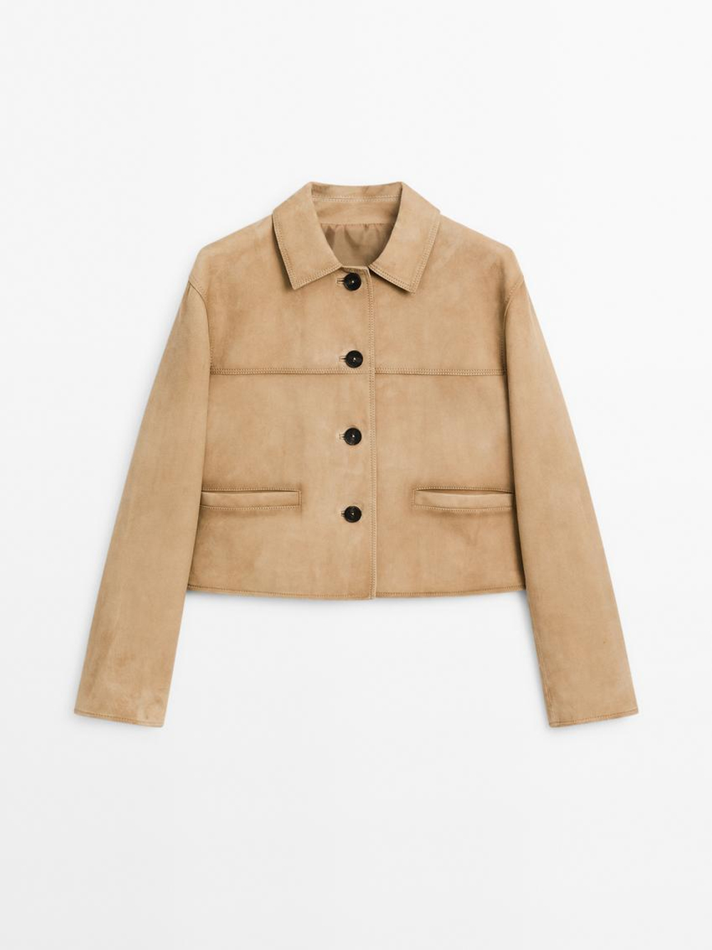 Massimo Dutti Короткая куртка из замши с декоративной строчкой, песочный