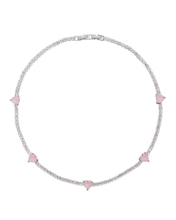 Колье-полоса цирконов, 5 розовых сердец