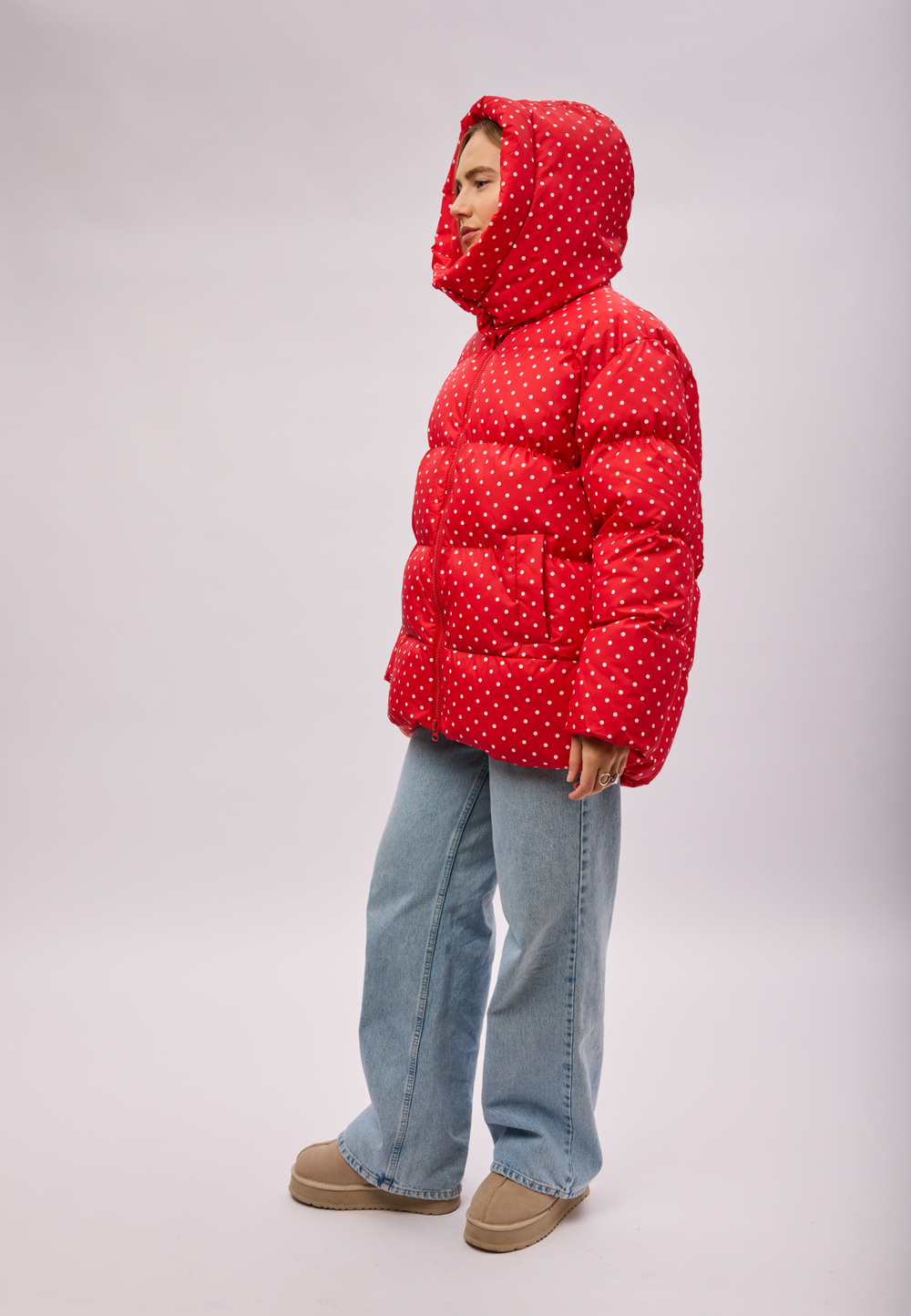 Пуховик Рокет миди красный в горох