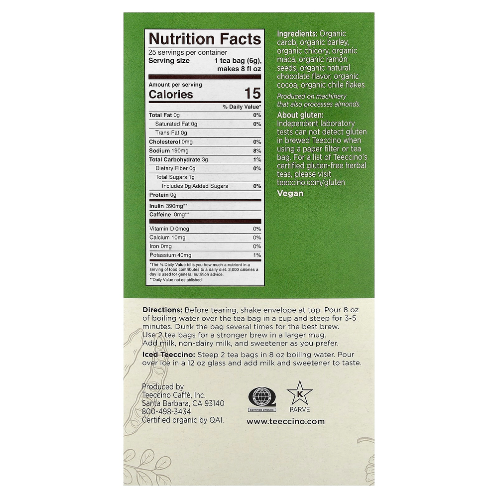 Teeccino, Органический жареный травяной чай, шоколад с мака, без кофеина, 25 чайных пакетиков, 150 г (5,3 унции)