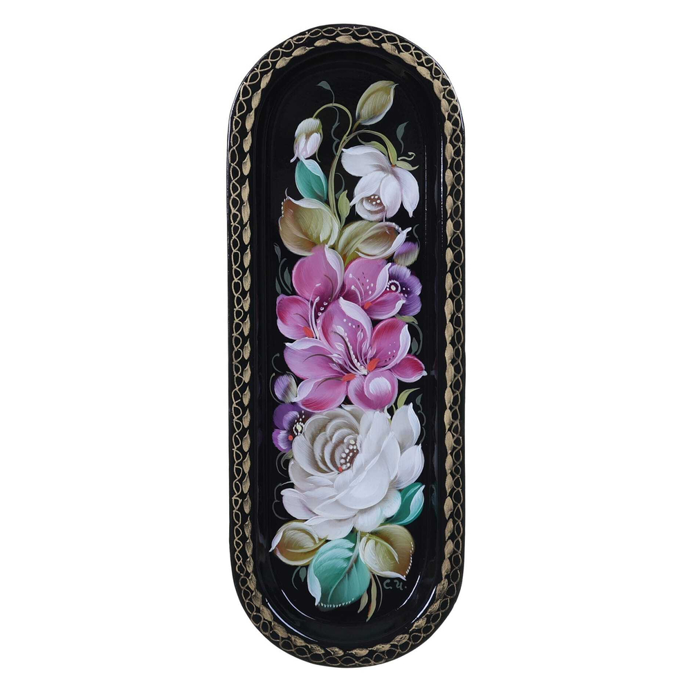 Жостовский поднос декоративный, размер 21х8 см (A4), металлический