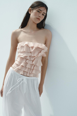 ZARA ТОП БЕЗ БРЕТЕЛЕЙ С ВОЛАНАМИ, ТЕЛЕСНО-РОЗОВЫЙ