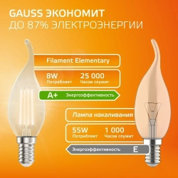 Лампочка светодиодная E14 Свеча на ветру 8W теплый свет 2700К УПАКОВКА 10 шт. Gauss Elementary Filament