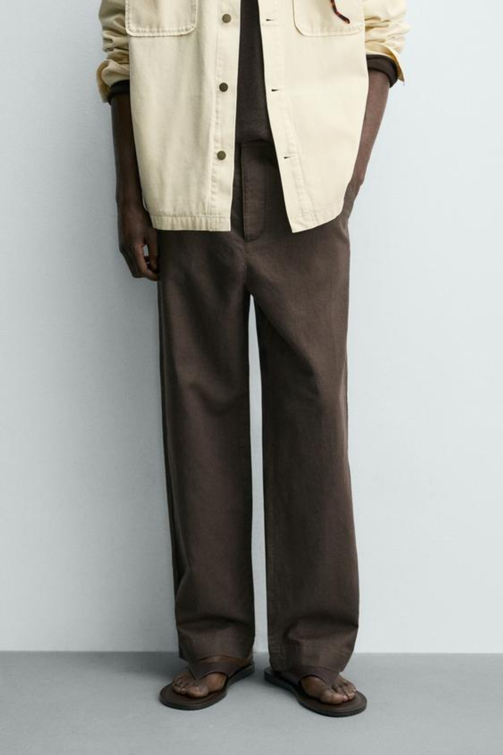ZARA БРЮКИ STRAIGHT FIT ИЗ КОНОПЛИ И ХЛОПКА, КОРИЧНЕВЫЙ