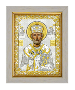 Николай Чудотворец, икона прямоугольная в рамке под стеклом, белое дерево 206х258