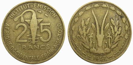 Французская Западная Африка 25 франков, 1957 Газель VF