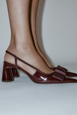 ZARA ТУФЛИ-МЮЛИ НА КАБЛУКЕ С БАНТОМ, БОРДОВО-КРАСНЫЙ