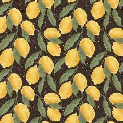 Паттерн с лимонами. Ветки лимона темный фон