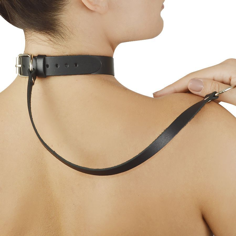 Черный меховой ошейник с кожаным поводком (Цвет: черный)