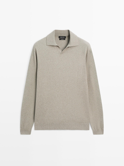 Massimo Dutti Свитер поло из хлопкового трикотажа, серовато-зеленый